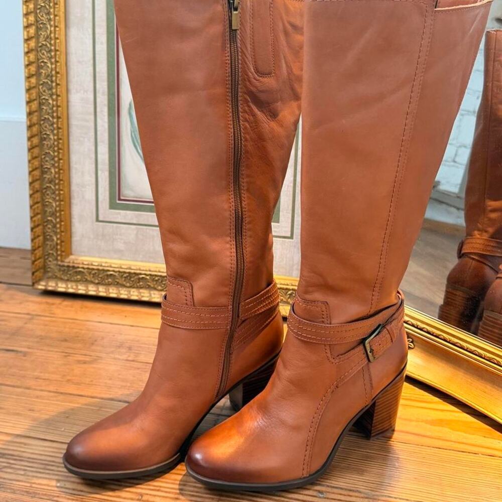 Tan leather knee high boots with